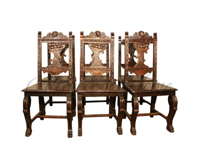 Комплект из антикварных стульев из каштана с резной спинкой 1910-х гг. 