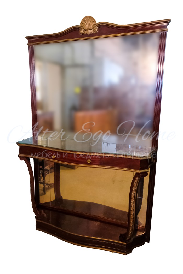 Винтажный консольный стол с зеркалом красного дерева 1930-х гг. 
